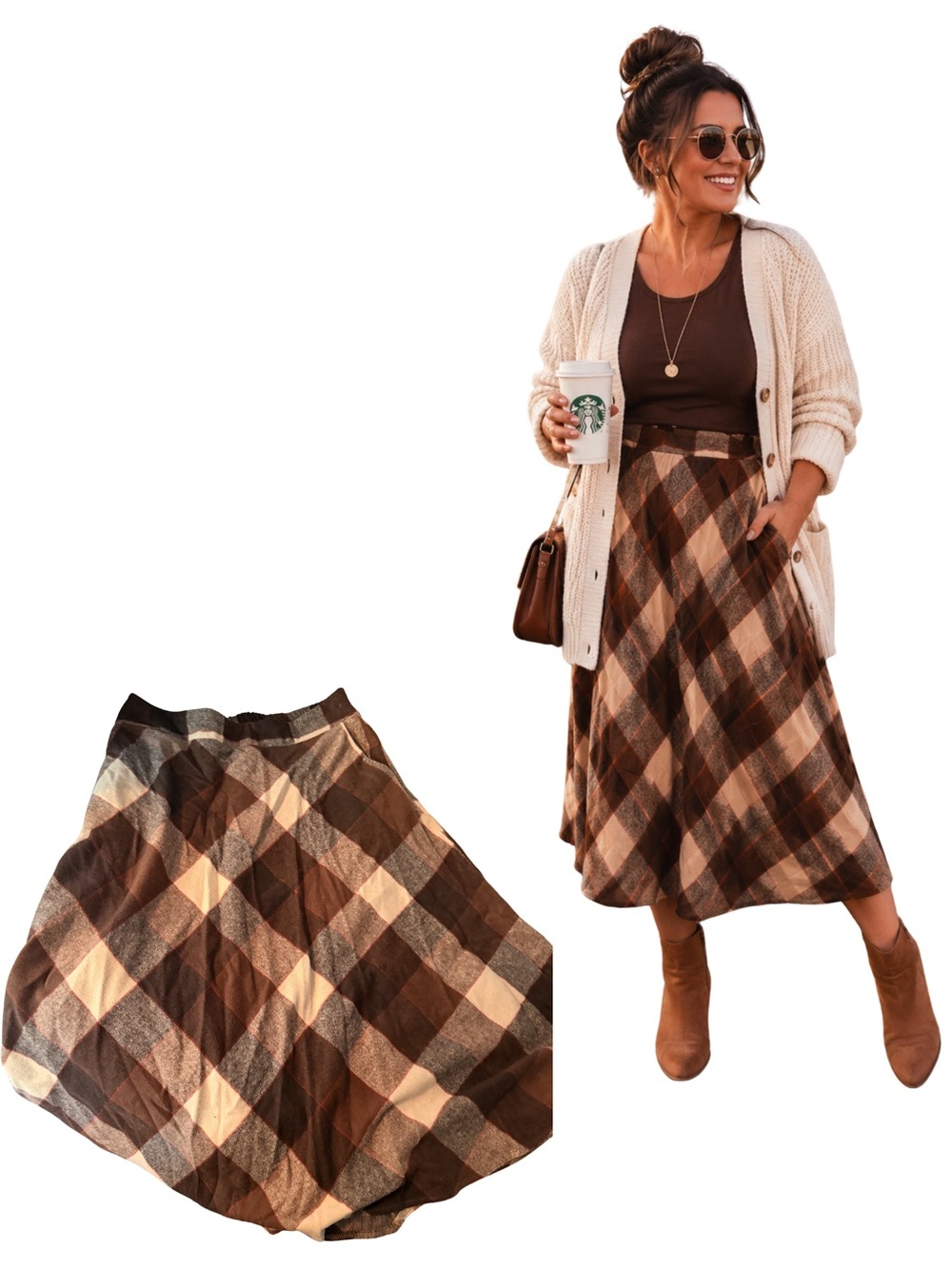 Plaid Midi Skirt in Brown and Cream